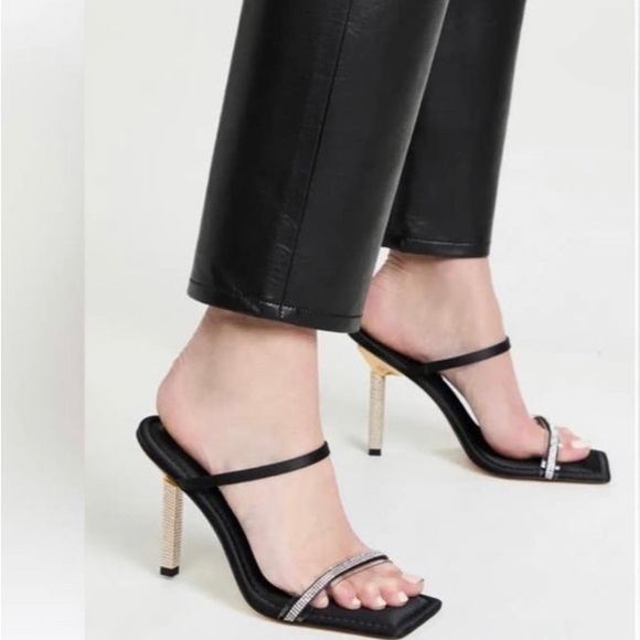 Shoes - GOOD AMERICAN Open Square Toe Rhinestone Strappy Heels Black Satin Size 5.5 NIB‎